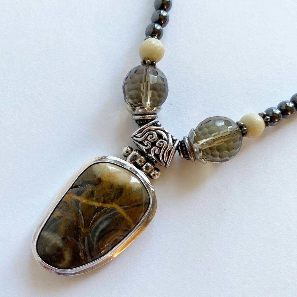 Natural Stone And Bone Sterling Silver Beaded Necklace